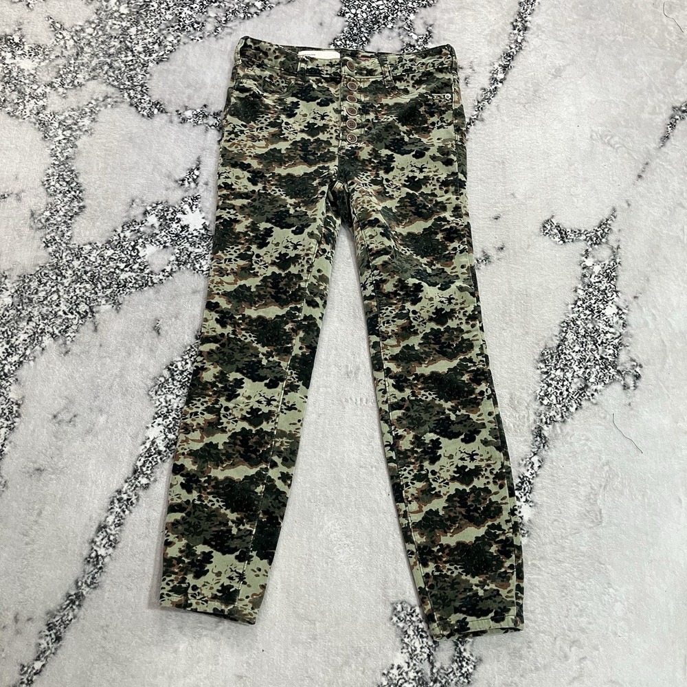 27 High Rise Skinny Jeans Camo Floral Button Fly Green Womens Size 27